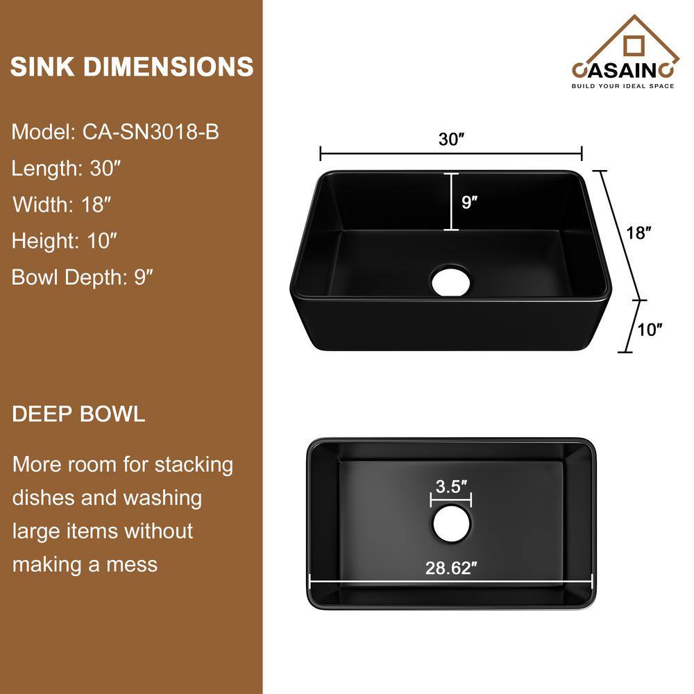 Matte Black Fireclay Single Bowl Farmhouse Sink with Faucet