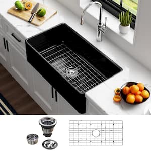 Black Fireclay 36 in. Single Bowl Farmhouse Apron Kitchen Sink Workstation Kitchen Sink with Bottom Grid