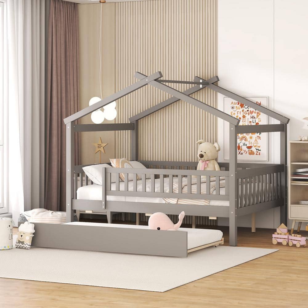 Gray Full Size Wood House-Shaped Bed with Full-Length Guardrail and Trundle price history on PriceWatchPro