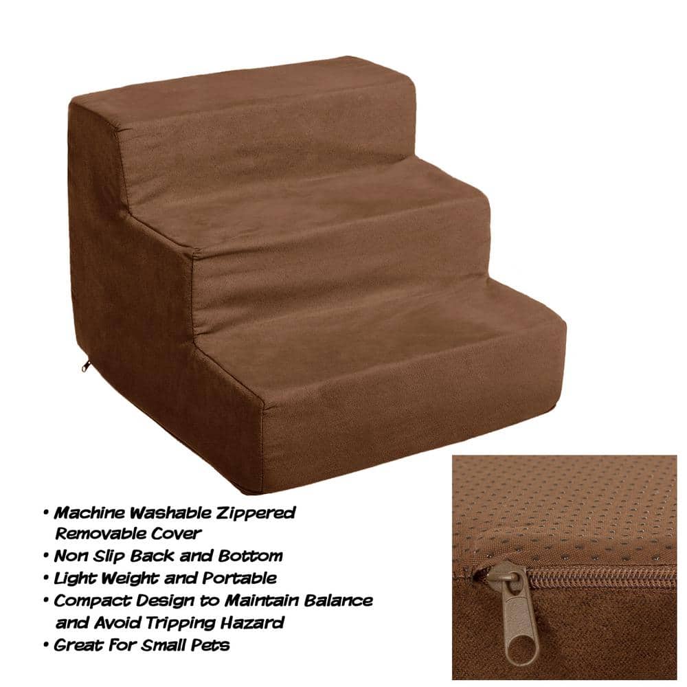 Brown 3-Step High-Density Foam Pet Stairs with Microfiber Cover