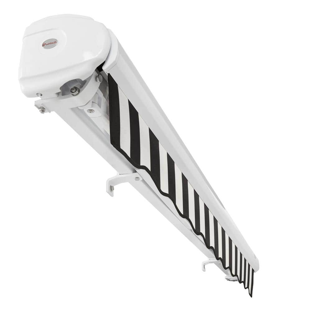 96-inch Black and White Stripe Motorized Patio Awning with Powder Coated Frame