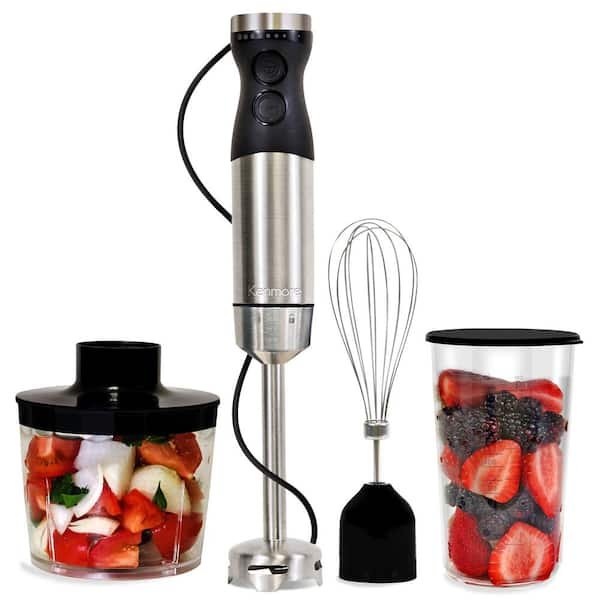 Variable Speed Black/Silver Immersion Hand Blender with Food Chopper and Whisk