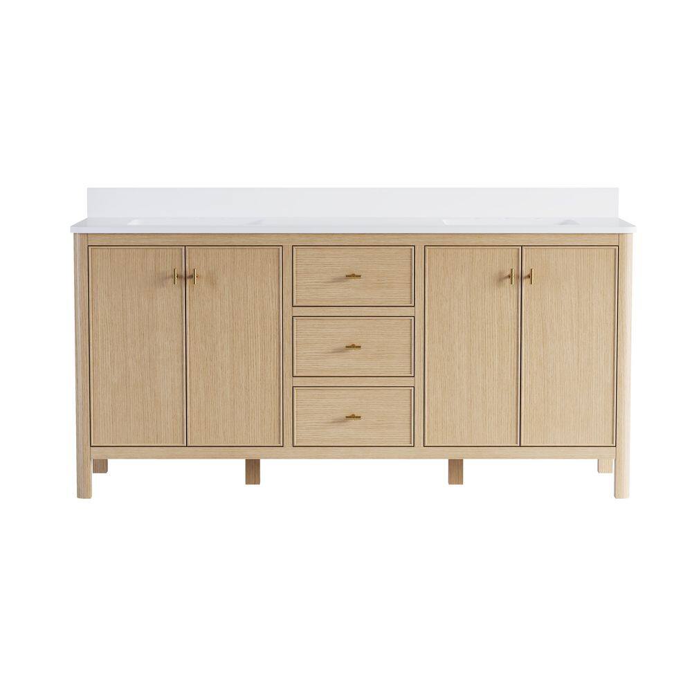 72 in. Freestanding Solid Wood Oak Bath Vanity with White Quartz Top Assembled, Soft-close Dovetail Drawer, Backspalsh price history on PriceWatchPro