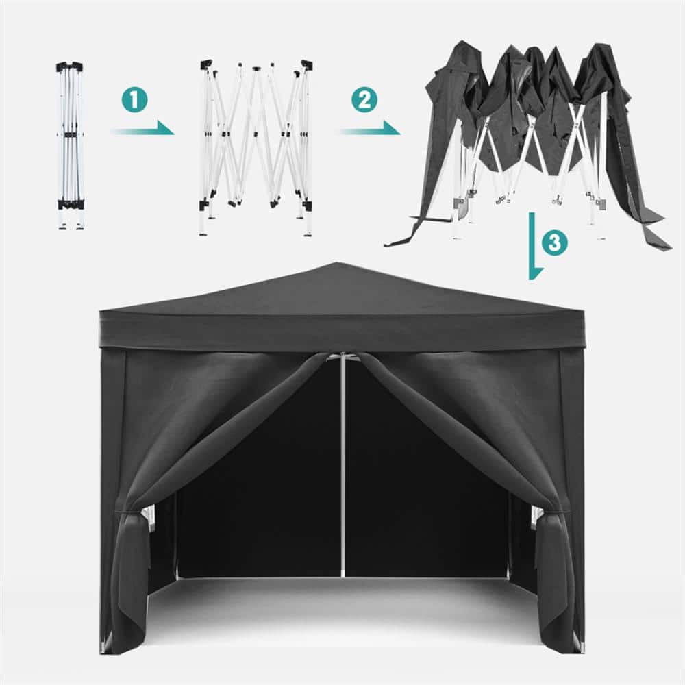 10 ft x 10 ft Black Waterproof Folding Canopy Tent with Sidewalls and Carry Bag