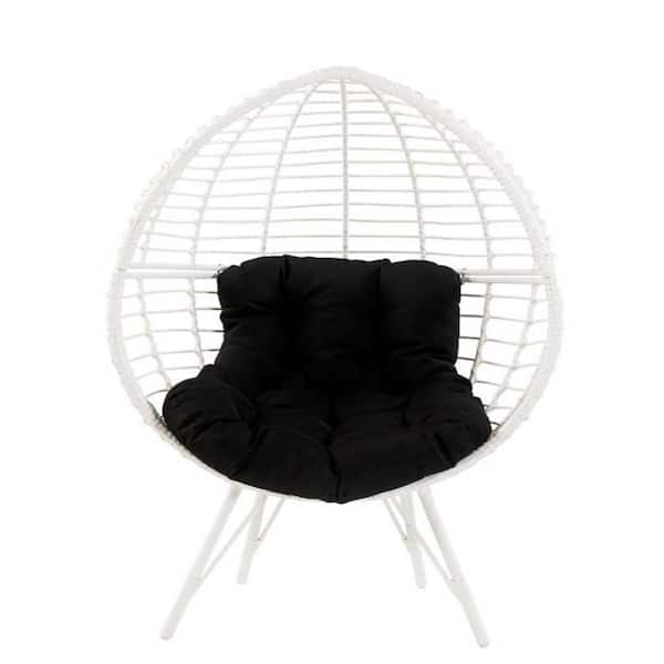 Afoxsos White Wicker Black Upholstery Outdoor Patio Lounge Chair with Black Cushion