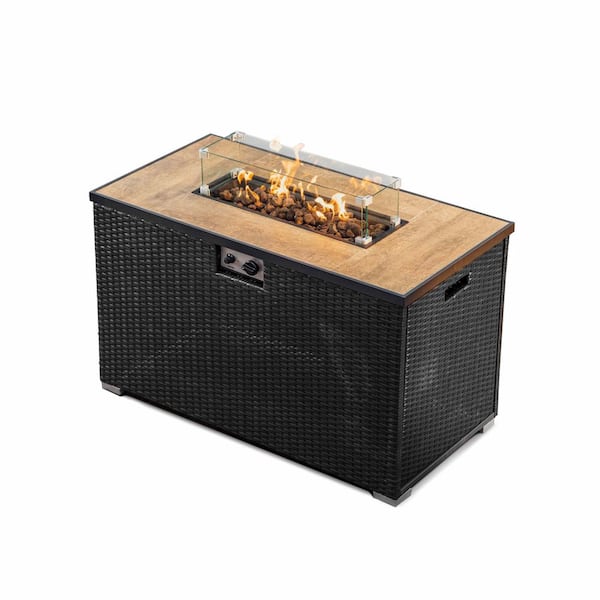 HEARTH & HARBOR Gray 43 in. 50,000 BTU Rectangular Propane Outdoor Fire Pit Table with Glass Wind Guard Lid, Lava Rocks and Cover