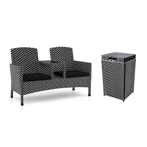 Limewood Black and White 2-Piece Aluminum Outdoor Loveseat with Black Cushion and Trash Can