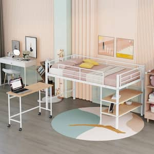 White Twin Size Metal Loft Bed with Desk and 2-Large Shelves