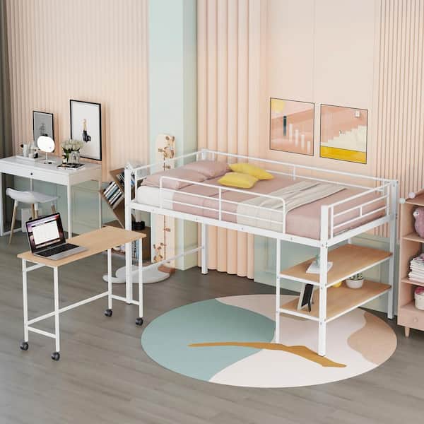 Harper & Bright Designs White Twin Size Metal Loft Bed with Desk and 2-Large Shelves