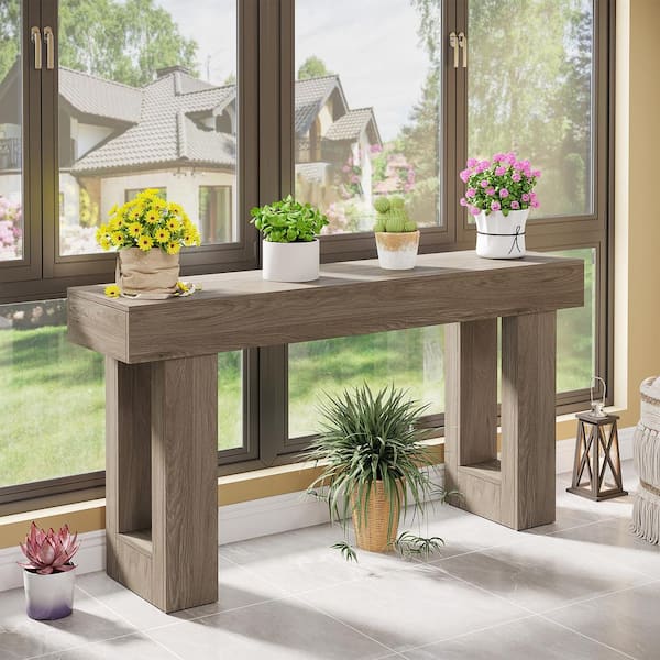 BYBLIGHT Turrella 63 in. Grey Entryway Table, Rectangle Wooden Sofa Console Table Behind Couch for Living Room