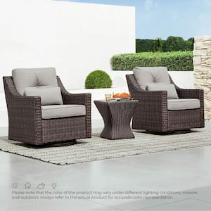 Thaddeus 3 Pieces Brown Fabric Rocking Wicker Swivel Arm Chairs and Side Table  with Grey Cushions for Outdoor & Indoor