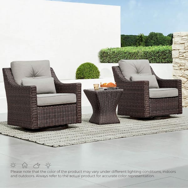 Thaddeus 3 Pieces Brown Fabric Rocking Wicker Swivel Arm Chairs and Side Table with Grey Cushions for Outdoor & Indoor