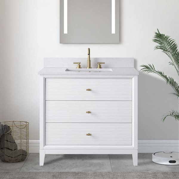 Vanity Art 36 in. W x 34 in. H Single Sink White Bath Vanity Cabinet with Arabescato White Engineered Marble Top