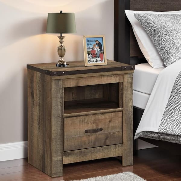Benjara Zoey Rustic Brown 1-Drawer 24.72 in. W Nightstand with Shelf and USB