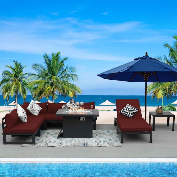 FINCATI 8-Piece Large Patio Aluminum Conversation Sectional Sofa Set, Fire Pit Table Chaise Lounge and Red Cushions