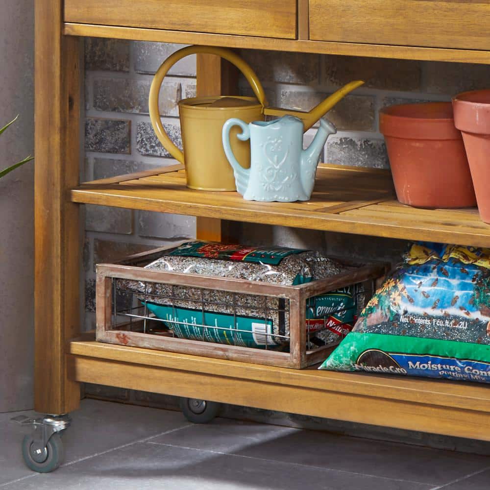 Maho Golden Teak Acacia Wood Potting Bench with Stainless Steel Top