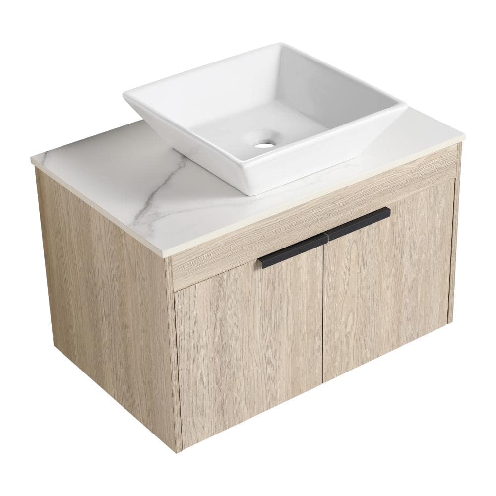 30 in. Wall-Mounted Plywood Bathroom Vanity in White Oak with Soft Close Door and White Square Ceramic Sink Top price history on PriceWatchPro