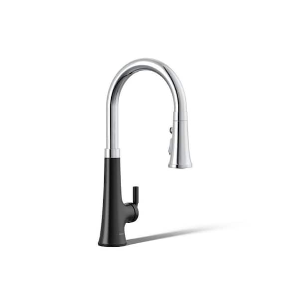 KOHLER Tone Single-Handle Touchless Pull-Down Sprayer Kitchen Faucet in Polished Chrome with Matte Black