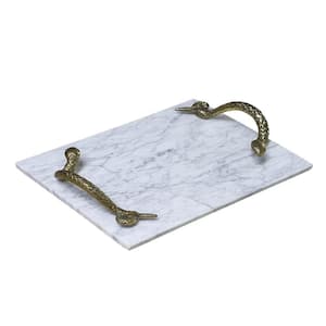 White and Shiny Brass Marble Stone Decorative Serving Tray with Snake Handles
