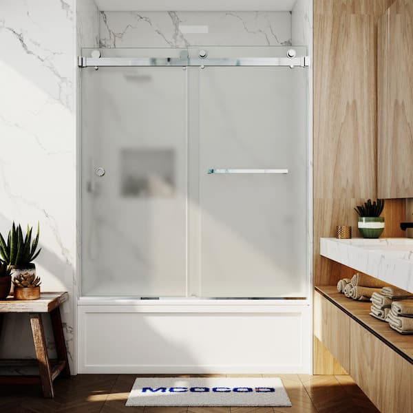 MCOCOD 56-61 in. W x 66 in. H Double Sliding Frameless Smooth Sliding Tub Door in Chrome with 3/8 in. Frosted Glass
