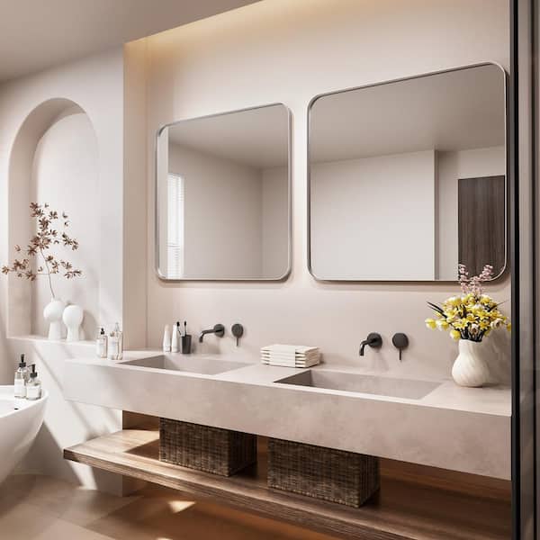 36 in. W x 36 in. H Tempered Glass Rounded Rectangle Framed Wall-Mounted Bathroom Vanity Mirror in Silver