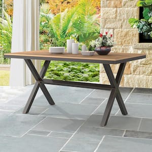 Sturdy X Base Brown Rectangular Aluminum Plastic Wood Outdoor Patio Dining Table for Patio Balcony Porch Poolside