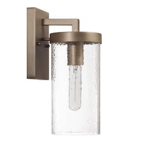 Aria Tuscan Gold Outdoor Hardwired Lantern Sconce Textured Water Glass and Metal Wall Mounted, No Bulb Included