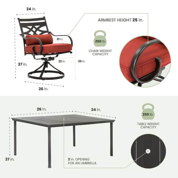 Montclair 5-Piece Metal Outdoor Dining Set with Chili Red Cushions, Swivel Rockers and Table