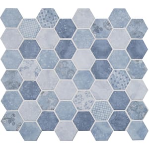 Vista Azul Hexagon 11 in. x 13 in. x 6 mm Patterned Glass Mesh-Mounted Mosaic Floor and Wall Tile (14.7 sq. ft./Case)