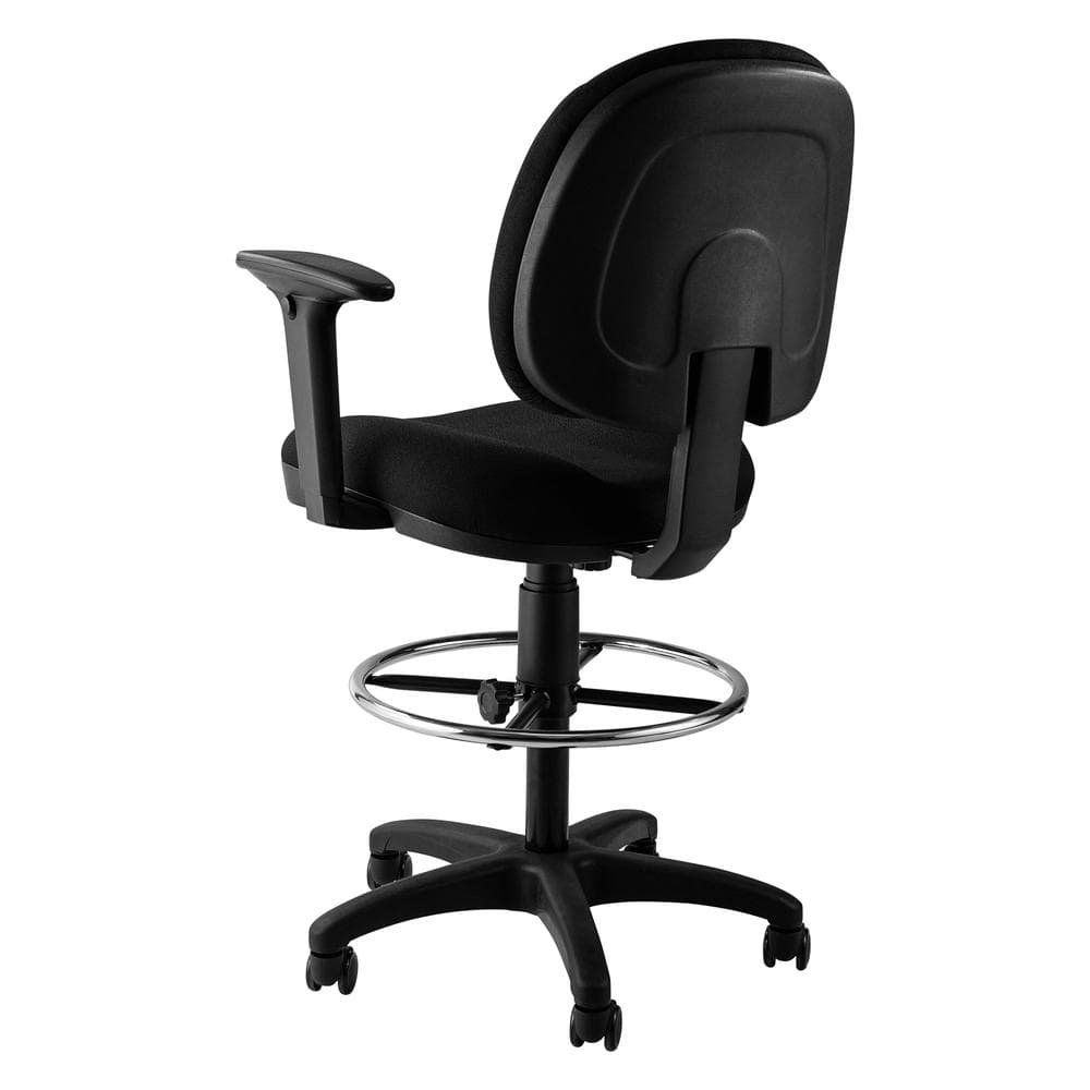 Side view of a black fabric high back swivel stool with arms.