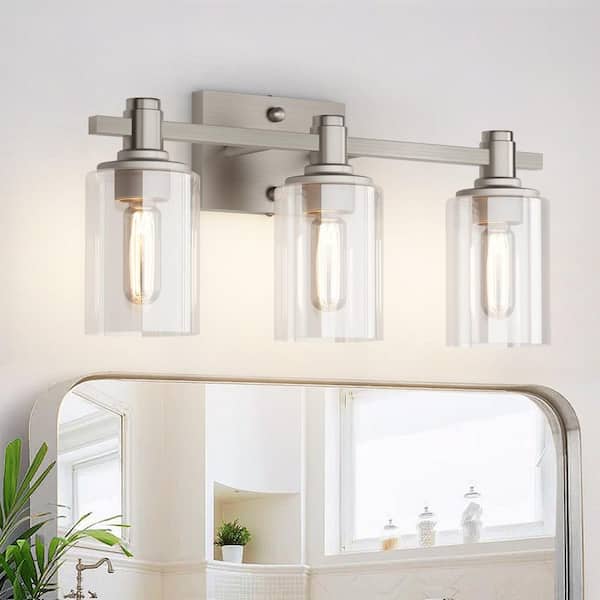 17 in. 3 Light Brush Nickel Bathroom Vanity Light with Clear Glass shade for Bathroom