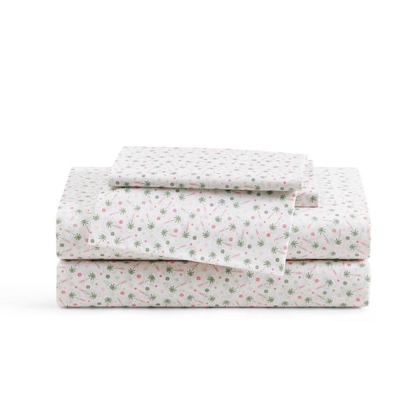 Pickleball Palm 4-Piece White/Pink Cotton Percale Queen Sheet Set