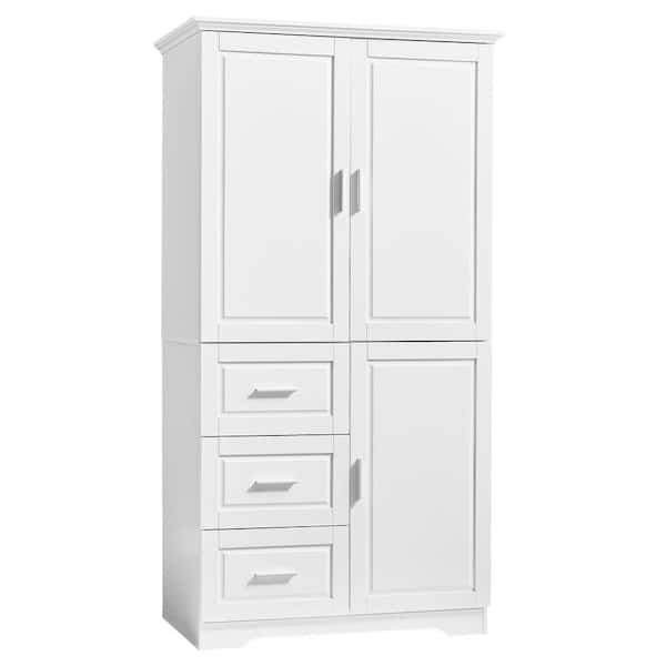 Unbranded 32.6 in. W x 19.6 in. D x 62.2 in. H White Linen Cabinet with with Three Doors, 3-Drawers