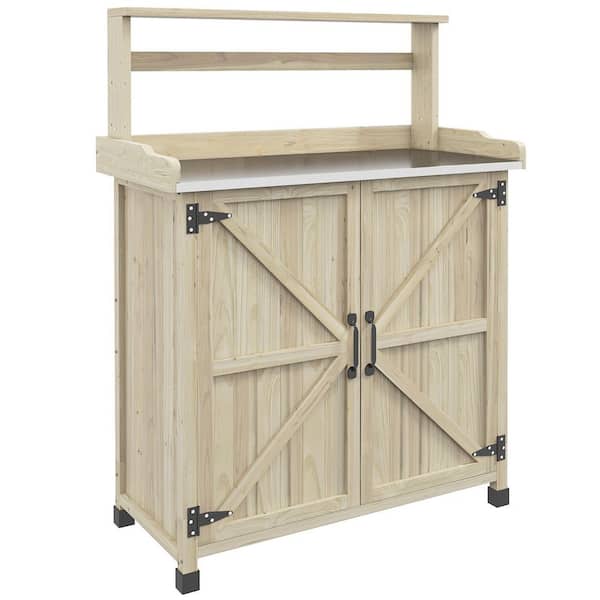 maocao hoom Outdoor Wooden Potting Table with Storage Cabinet with 2 Shelves, Garden Work Bench with Galvanized Plated Tabletop