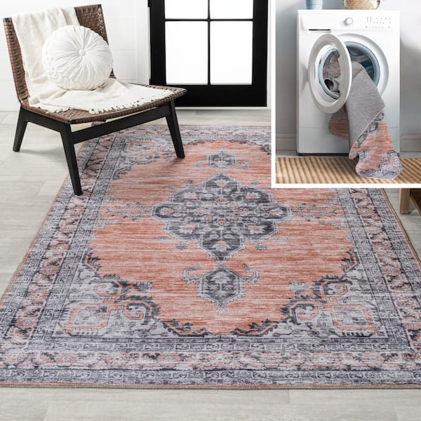 JONATHAN Y Wincer Chenille Cottage Medallion Machine-Washable Orange/Gray 5 ft. x 8 ft. Area Rug