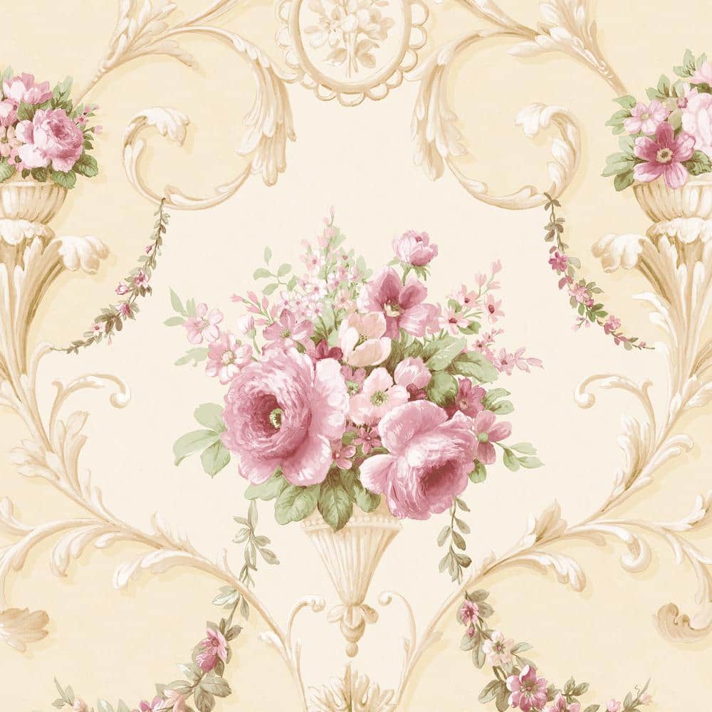 Ornamental Floral Wallpaper in Pink, Green and Gray