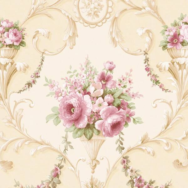 Ornamental Floral Wallpaper in Pink, Green and Gray