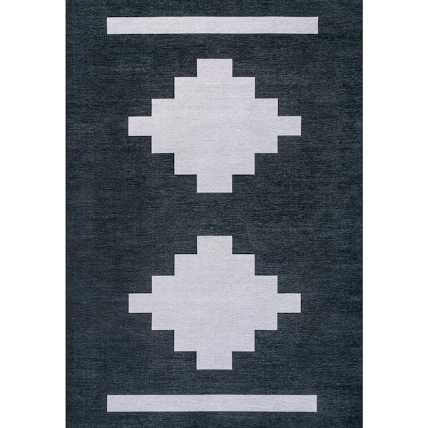 Adriel Geometric Medallion Machine-Washable Navy/Light Gray 9 ft. x 12 ft. Area Rug