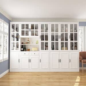 Luxurious Wide White Wooden Accent Storage Cabinet, Bookcase with 25-Shelves and Tempered Glass Doors and 2-Drawers