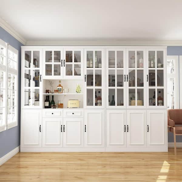 FUFU&GAGA Luxurious Wide White Wooden Accent Storage Cabinet, Bookcase with 25-Shelves and Tempered Glass Doors and 2-Drawers