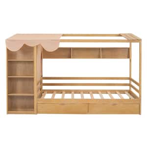 Natural Twin Size House Platform Bed with Drawers, Shelves and Wardrobe