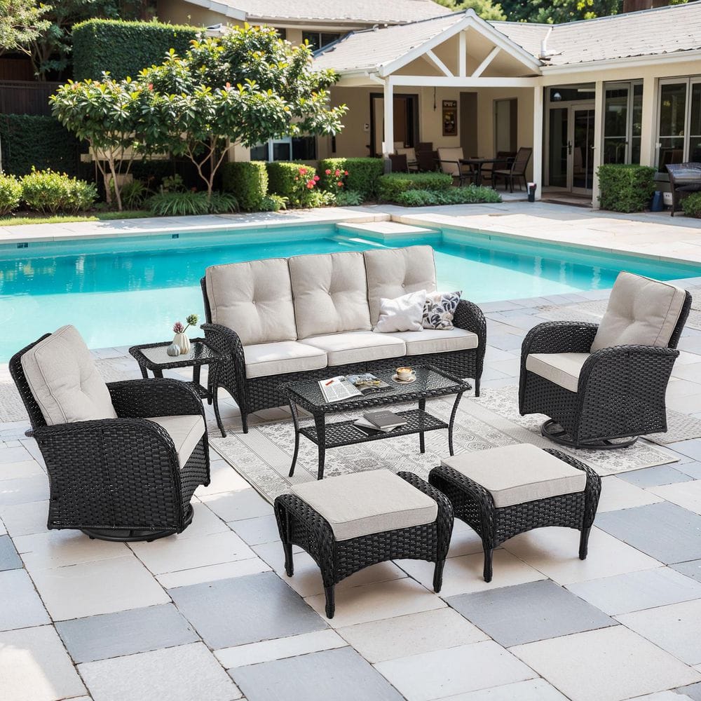 Rotavia 7-Piece Black Wicker Patio Conversation Set with Olefin Beige Cushion, Patio Swivel Glider, Sofa and Ottoman price history on PriceWatchPro