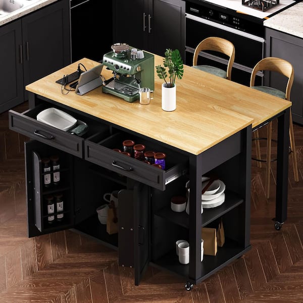 Black Wood 47 in. Kitchen Island with 2-Power Outlet, Extendable Dining Table and 2-Drawers for Kitchen Room and Outdoor