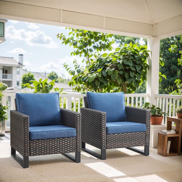 Brown Modern Wicker Outdoor Lounge Chair, Rattan Armchair with Navy Blue Cushions for Balcony Porch (2-Pack)