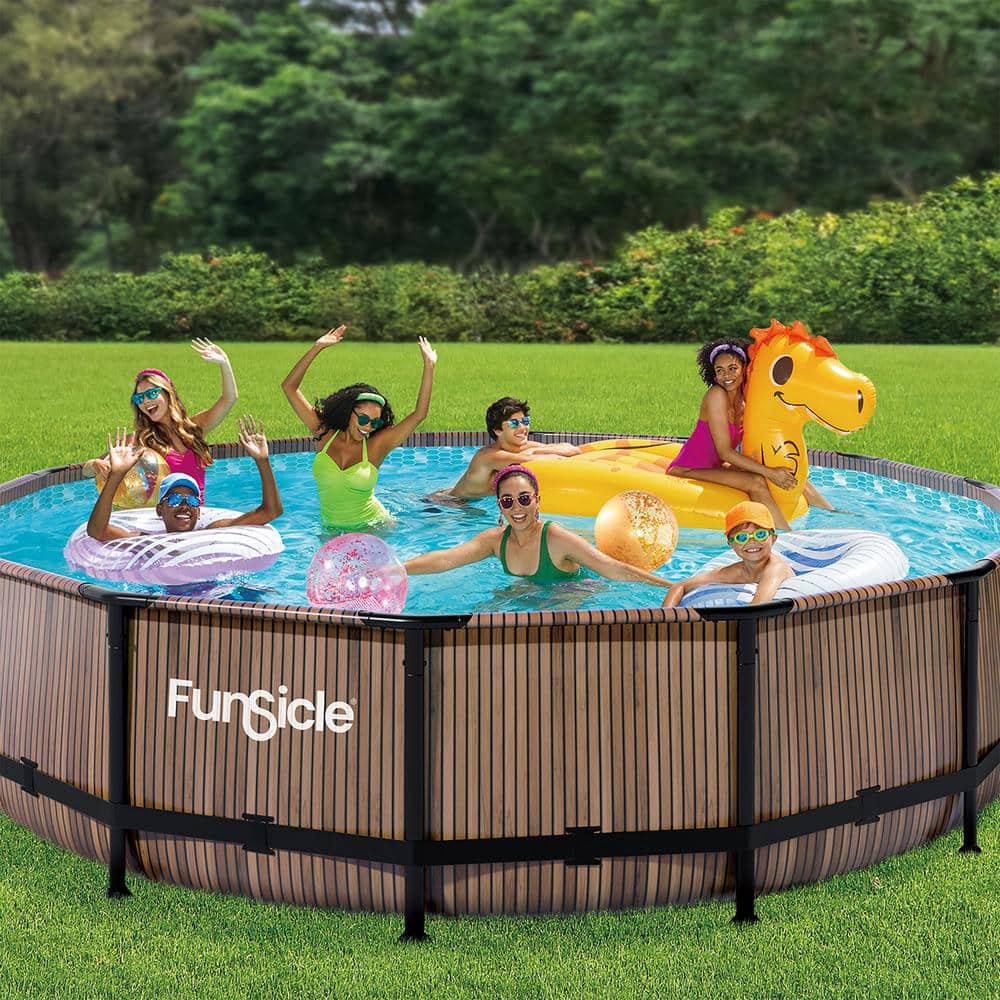 14ft Round Natural Teak Metal Frame Above Ground Pool with Filter Pump