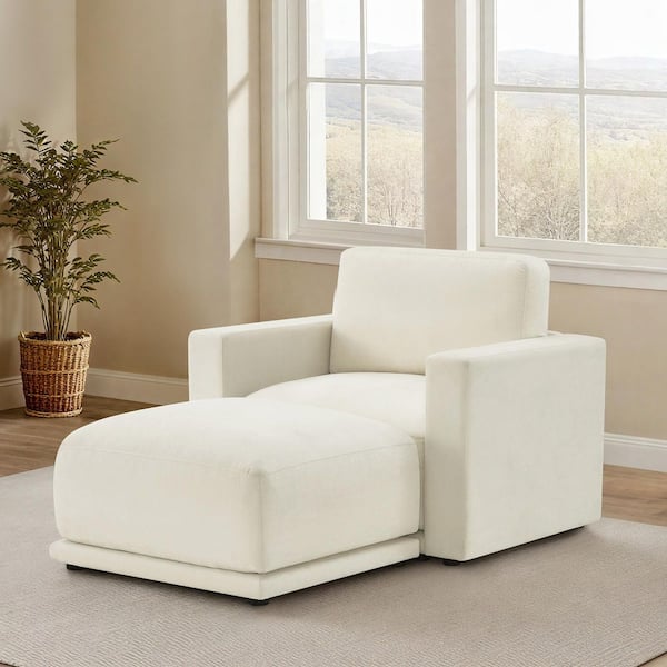 Juno Cream Oversized Track Arms Fabric Upholstered Accent Chair with Ottoman and Ultra-Thick Cushions for Living Room