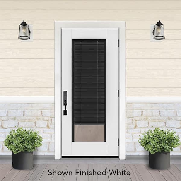 Legacy 28 in. x 77 in. Full Lite Clear Glass Noir Miniblind LHOS White Finish Fiberglass Prehung Door w/4-9/16 in. Jamb