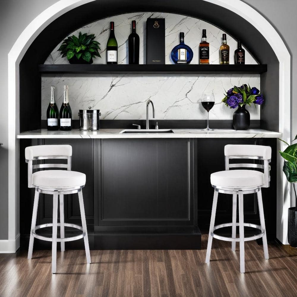 Madrid 30" White Faux Leather Swivel Bar Stool with Brushed Metal Frame