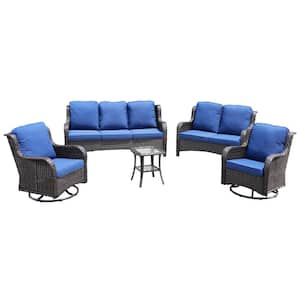 Monet Brown 5-Piece Wicker Patio Conversation Seating Sofa Set with Navy Blue Cushions and Swivel Rocking Chairs