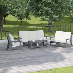 HDPE 1-Piece Wood Grain Outdoor Patio Loveseat with White/Grey Cushion